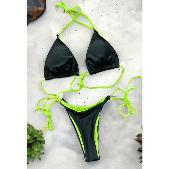 Black Green High Waisted Triangle Halter Top Cheeky String Bikini SMALL A-C Cup - Picture 2 of 7